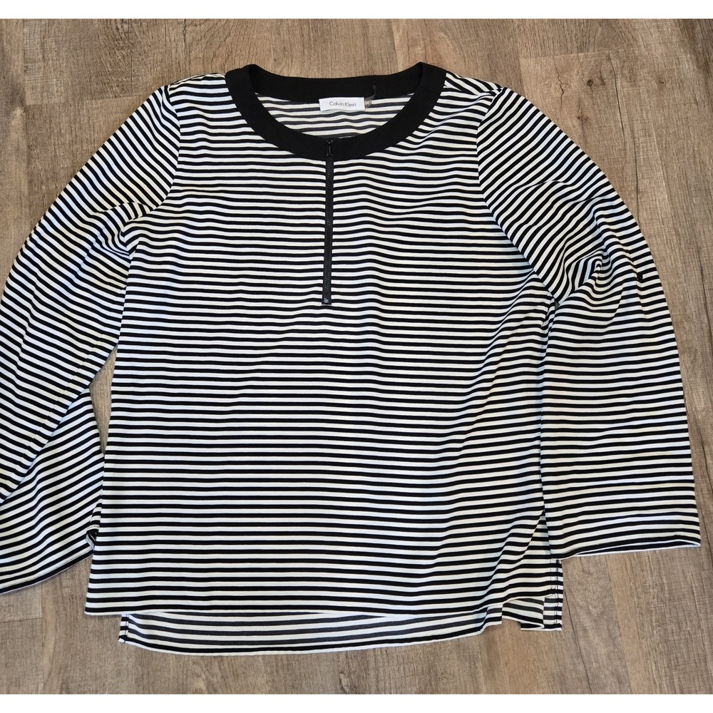 Calvin Klein white &‎ black striped womens half zip top